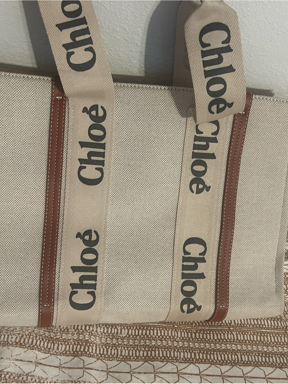 Chloé Beige Canvas Tote with Brown Leather Trim and Logo Straps